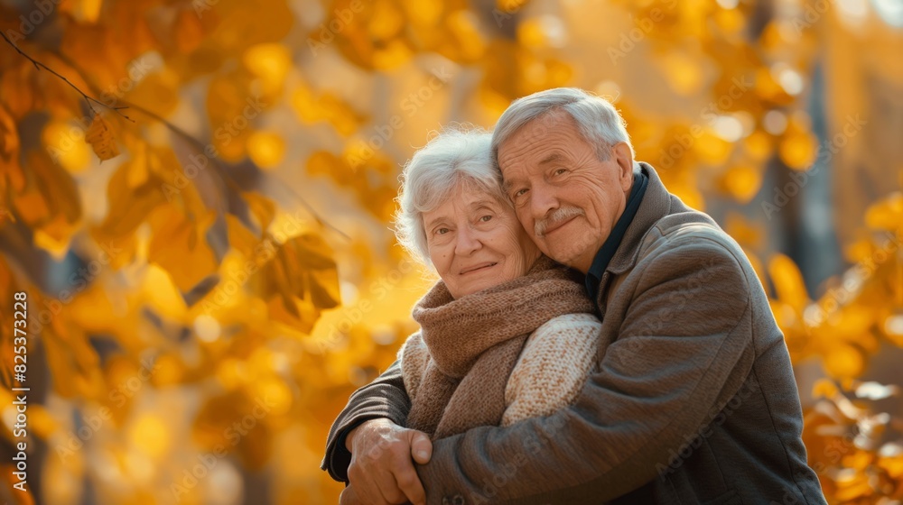 Happy Elderly Couple Embracing in Autumn Leaves. Happy Elderly Couple Embracing in Autumn Leaves.