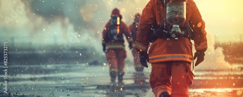 Firefighters in protective gear walking through a smoky environment, highlighting bravery and resilience in emergency situations. photo