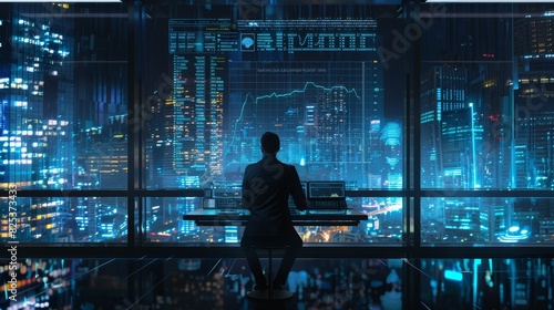 Futuristic cityscape with a person working on data analysis in a modern high-rise building at night, showcasing technology and innovation.
