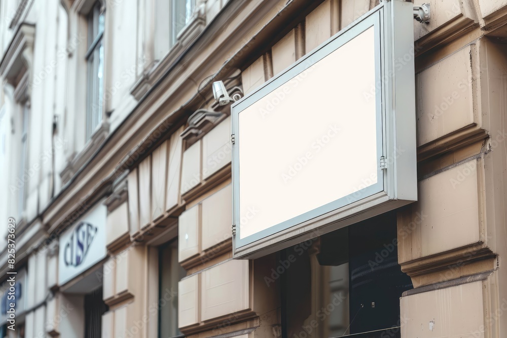 A square shop sign mockup displayed on the side of a building, perfect for showcasing store branding.