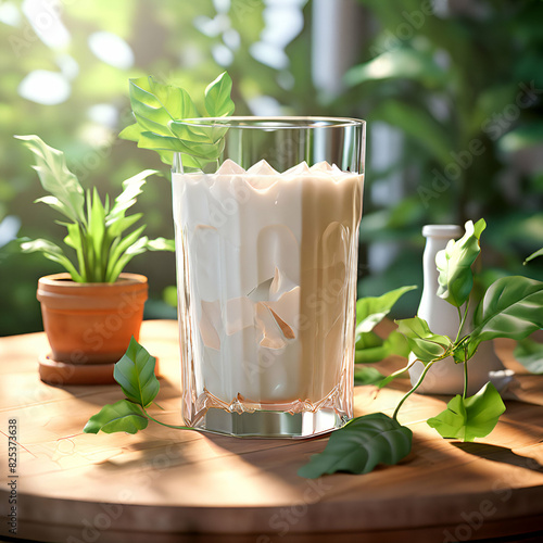 plant based milk in a galss on table photo