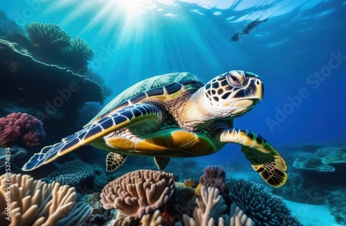 Underwater landscape with corals and big turtle
