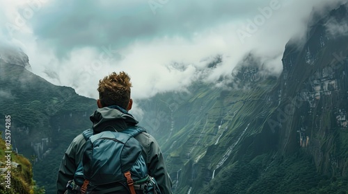 a closeup of A male backpacker gazing into a valley surrounded by mountains, with clouds covering the mountain tops. This image captures the adventurer taking in the scenic beauty of the mountainous