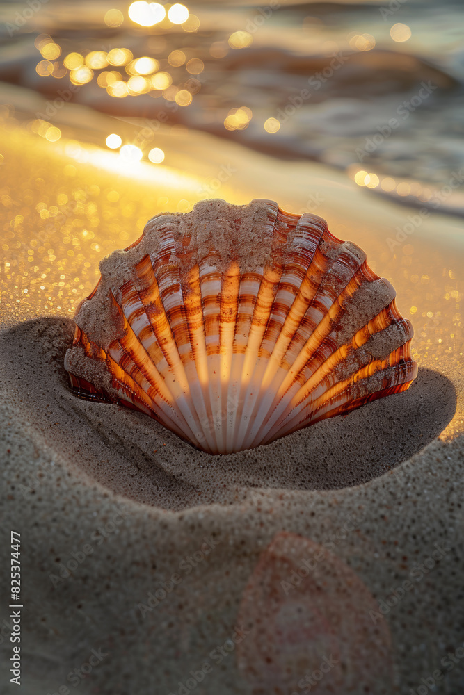 Scallop shell on the sand beach at sunset Scallop shell on the sand beach at sunset