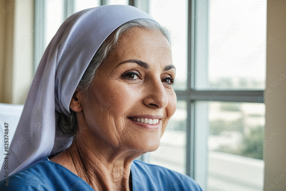 AI generated illustration of a smiling successful old age Arabian female nurse AI generated illustration of a smiling successful old age Arabian female nurse