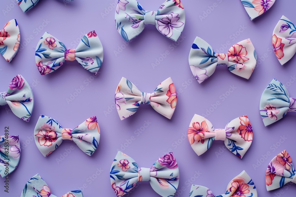 bow hair clips pattern flat lay with floral prints on a pastel purple background bow hair clips pattern flat lay with floral prints on a pastel purple background