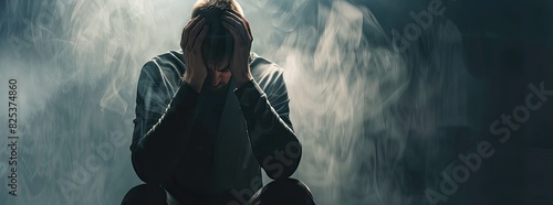 A depressed man suffering from emotional pain, sitting alone with a sad and worried expression, hands raised to his head, set against a misty dark background. photo
