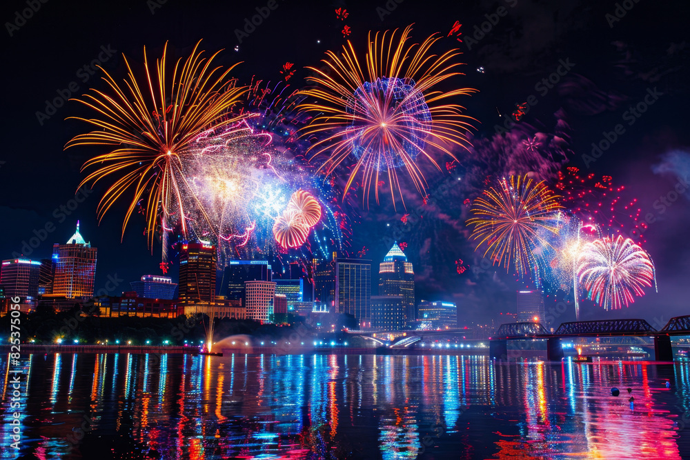 A city skyline is lit up with fireworks on a river A city skyline is lit up with fireworks on a river