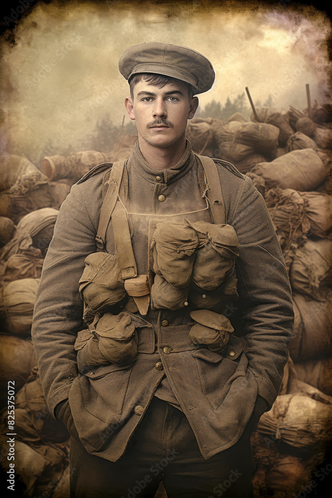 A sepia-toned photograph of a young soldier from the early 20th century, wearing a uniform with multiple pouches and a cap, standing in front of a backdrop of sandbags, evoking a wartime atmosphere. A sepia-toned photograph of a young soldier from the early 20th century, wearing a uniform with multiple pouches and a cap, standing in front of a backdrop of sandbags, evoking a wartime atmosphere.