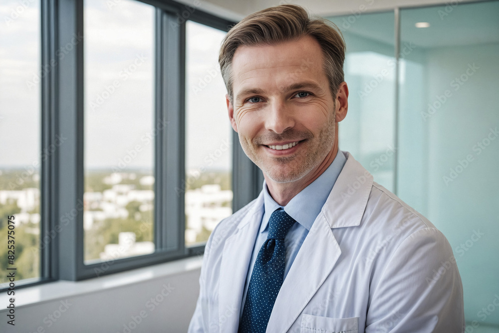 AI generated illustration of a cheerful confident middle-aged caucasian male doctor AI generated illustration of a cheerful confident middle-aged caucasian male doctor