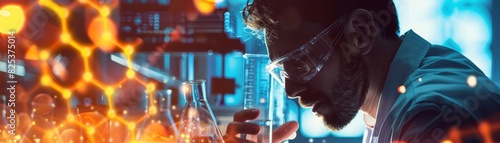 Scientist working in futuristic laboratory with advanced technology and glowing molecular structures, conducting an experiment. photo