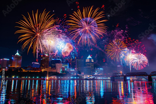 A city skyline is lit up with fireworks on a river