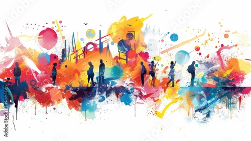 Vibrant watercolor painting showcasing diverse human silhouettes against a colorful abstract background, celebrating unity and diversity. © Sodapeaw