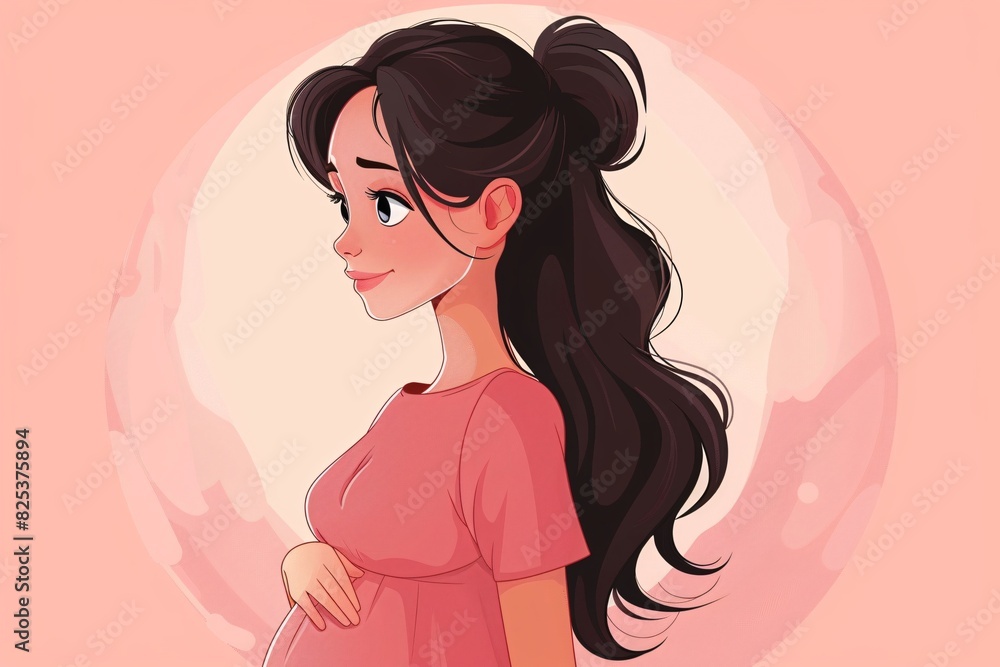 This vector graphic features a cute and happy pregnant woman in pink attire, depicted in a minimalistic style with simple shapes and soft pastel colors This vector graphic features a cute and happy pregnant woman in pink attire, depicted in a minimalistic style with simple shapes and soft pastel colors
