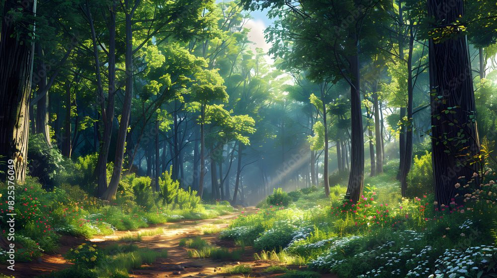 Tranquil Forest Pathway Winding Through Lush Trees with Dappled Sunlight and Vibrant Wildflowers