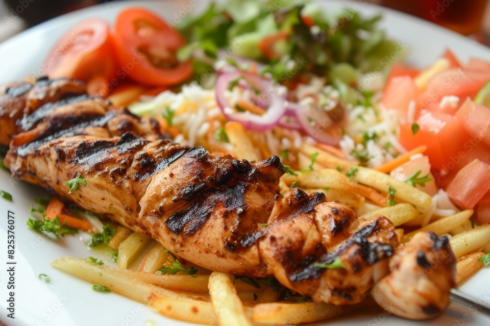 Savory grilled chicken served on pasta with a fresh side salad Savory grilled chicken served on pasta with a fresh side salad
