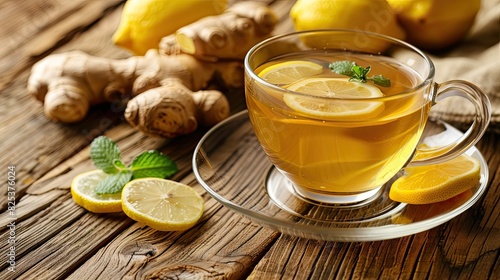 A glass cup of ginger tea with lemon slices on a wooden table, closeup view. A portrait of a healthy drink for treatment with copy space.
