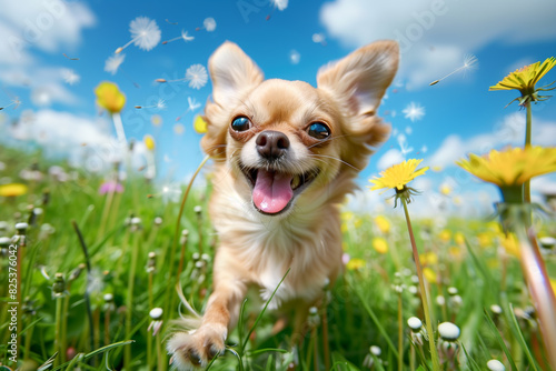Close-up of excited Chihuahua dog in a field of dandelions under a bright blue sky © ChaoticDesignStudio