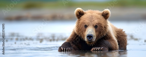 Wild Grizzly Bear Hunts in River. Nature Scene Grizzly Bear and River Fish