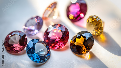 Colorful gemstones in various colors on a white background in sunlight