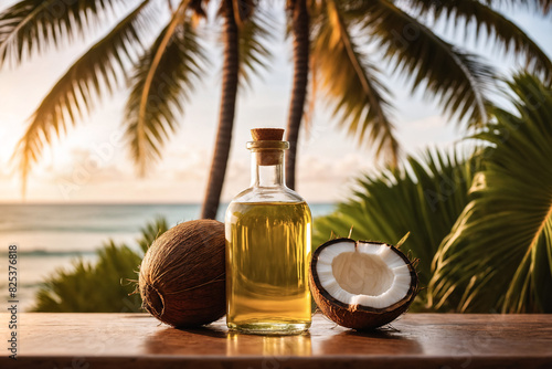AI generated illustration of a bottle of coconut oil with halved coconuts against palm trees