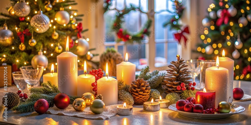 Table Adorned With Candles and Christmas Decorations. Generative AI