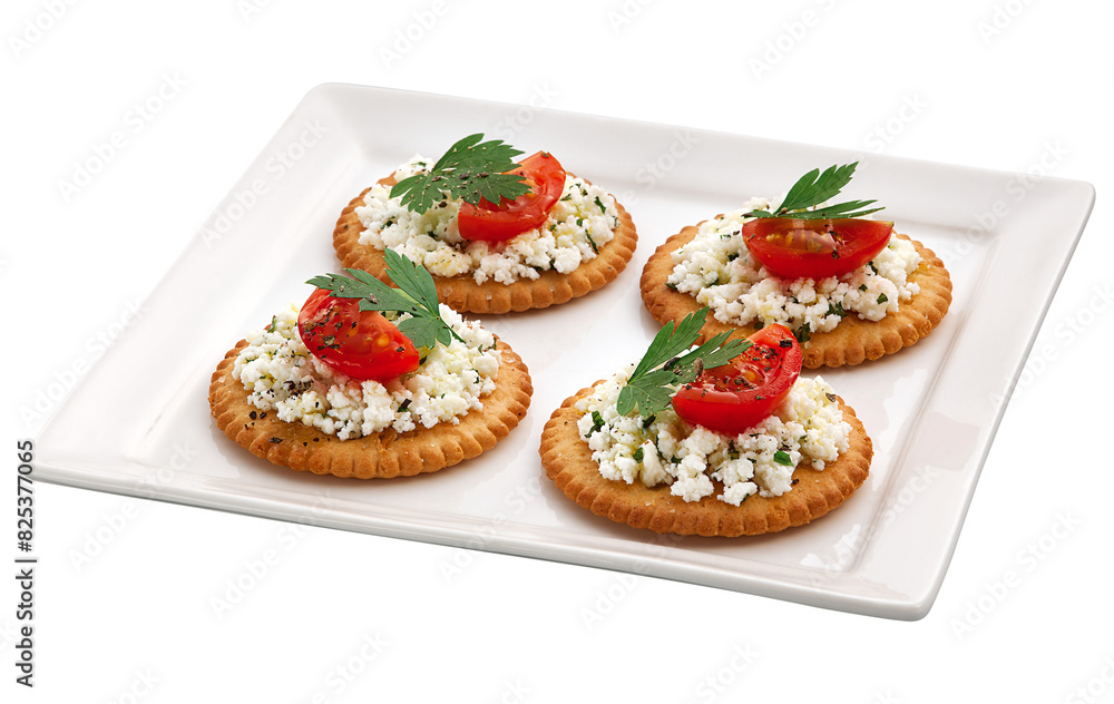 prato com biscoito com queijo, tomate e manjericão isolado em fundo transparente prato com biscoito com queijo, tomate e manjericão isolado em fundo transparente