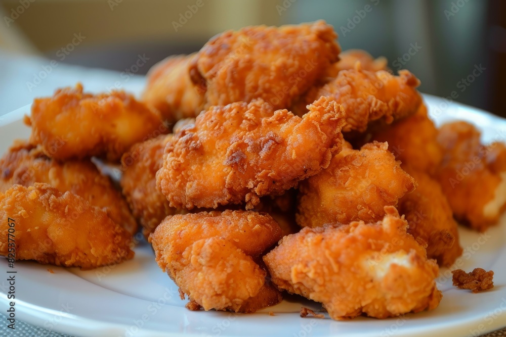 Closeup of crispy goldenbrown fried chicken pieces on a white plate Closeup of crispy goldenbrown fried chicken pieces on a white plate