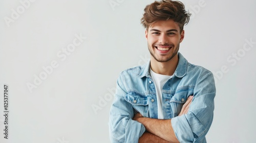 Young, handsome and friendly face man smile, dressed casually with happy and self-confident positive expression with crossed arms on white background studio shot. Concept for good attitude boy photo