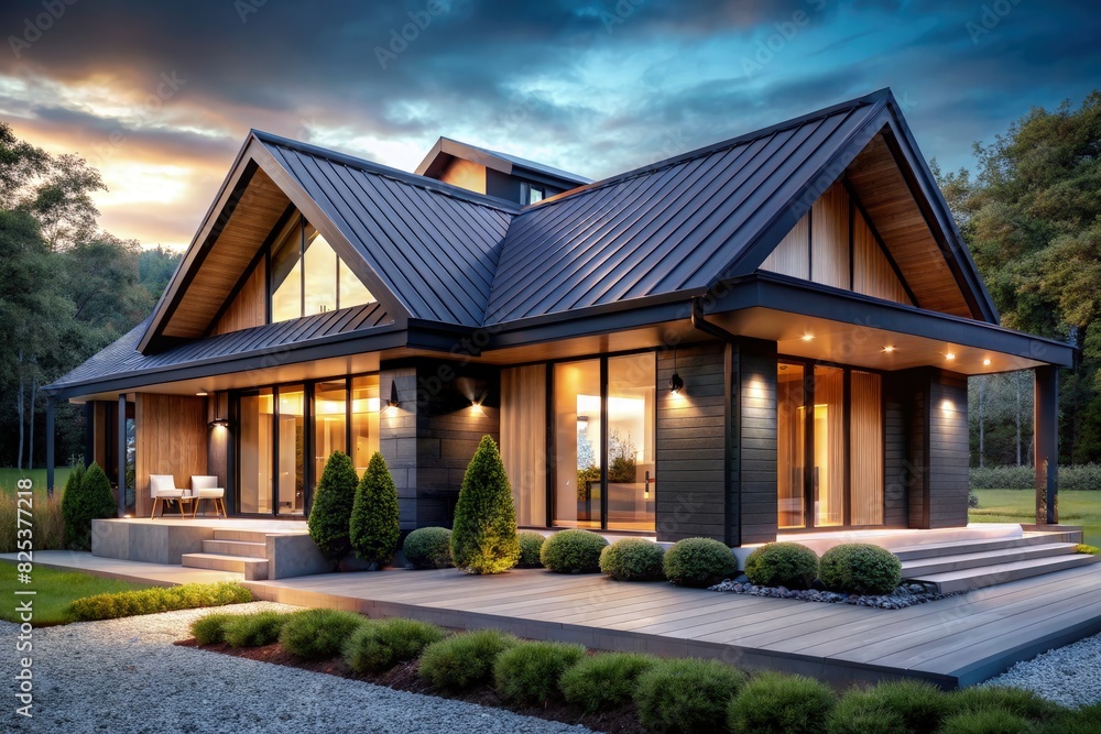 Modern House With Metal Roof in Evening. Generative AI Modern House With Metal Roof in Evening. Generative AI