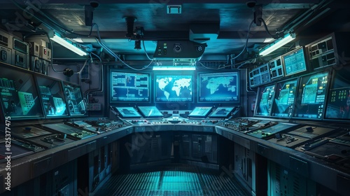 A futuristic control room is brimming with illuminated screens  showing maps  data  and graphics during nighttime operations.
