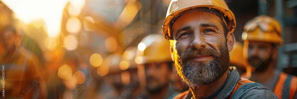 Happy team of builders on construction site, free space for text Happy team of builders on construction site, free space for text