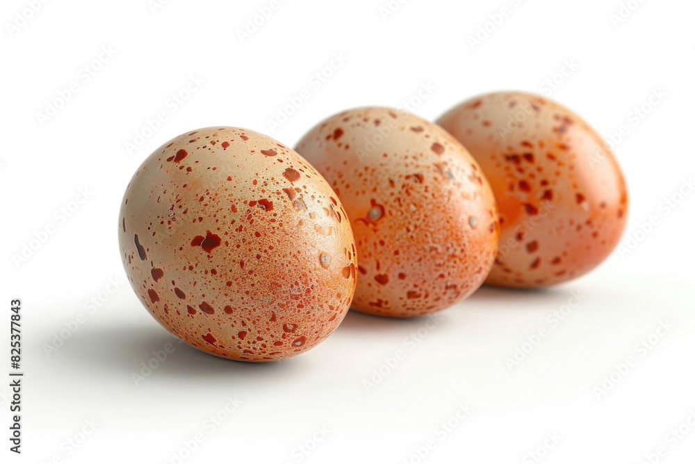 Three speckled eggs with distinct patterns, arranged in a row on a white background, highlighting their natural beauty and texture. Three speckled eggs with distinct patterns, arranged in a row on a white background, highlighting their natural beauty and texture.