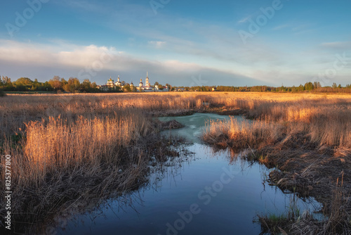 Trinity-Sergius Varnitsky Monastery. Dry reeds in the water in the golden rays of the sun.