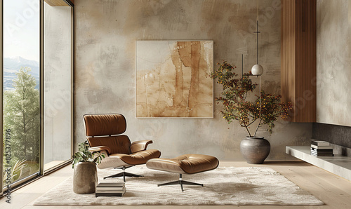 Living room setup with a focus on texture    simple leather lounge chair   Generate AI