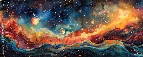 Stunning cosmic watercolor painting with vibrant colors, depicting a dreamy outer space landscape with planets, stars, and nebulae.