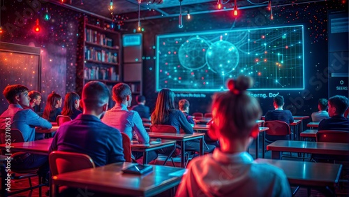 A modern digital classroom with interactive whiteboards, online learning platforms, and virtual reality educational tools, revolutionizing the way we learn.  photo