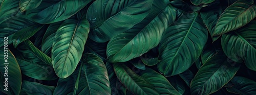 A nature background featuring an abstract green leaf texture. The image showcases dark green tropical leaves in close-up, revealing layered textures and various elements of tropical flora