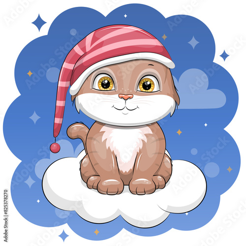 Quadro su tela Cute cartoon cat is wearing a nightcap and sitting on a cloud