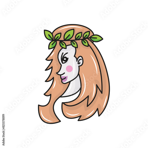 illustration of a beautiful woman wearing a headband made from a series of leaves. solid color style.