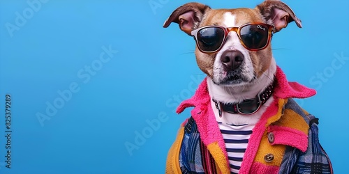 A fashionable dog in a lounge coat and sunglasses against a blue background. Concept Fashionable Pets, Stylish Outfits, Animal Portraits, Blue Backgrounds, Accessory Photoshoot © Ян Заболотний