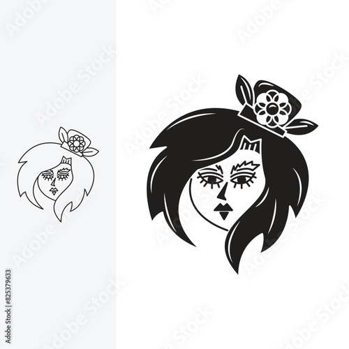 illustration of a beautiful woman wearing a headband, Line art style and silhouette stylish.
