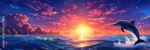 The banner. Sunrise over an amazing ocean with jumping dolphins.