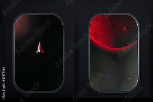 Mars view from spacecraft window with approaching vessel