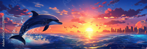 The banner. Sunrise over an amazing ocean with jumping dolphins.