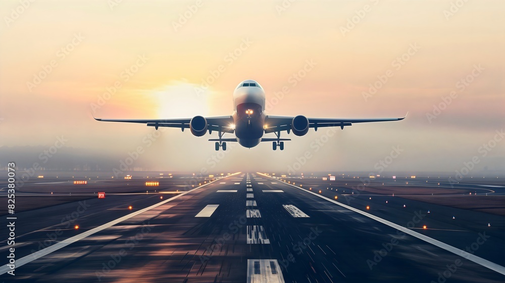 Commercial passenger plane taking off from runway at airport, summer travel vacation concept Commercial passenger plane taking off from runway at airport, summer travel vacation concept