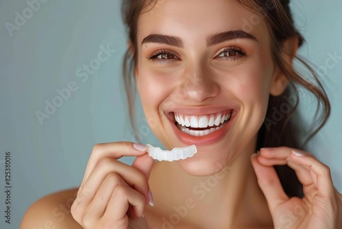 smiling woman holding white plastic mouth guard dental health and protection concept photo