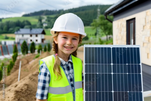 Young girl in white hard hat poses with photovoltaic solar panel in countryside, renewable energy concept