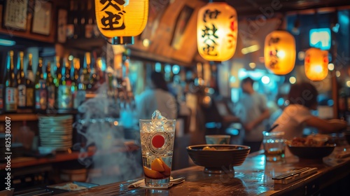 Cozy Japanese izakaya bar with traditional lanterns, drinks, and delicious food, perfect for an authentic dining experience at night.