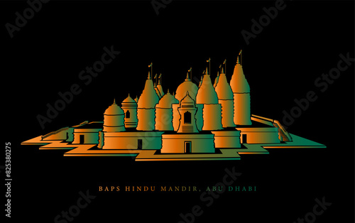 BAPS Hindu Mandir, Abu Dhabi vector icon in colorful lights.
